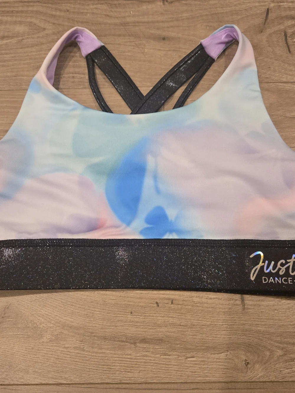 Justice Pastel Tie-Dye Sports Bra with Black Glitter Band & Matching Shorts LG